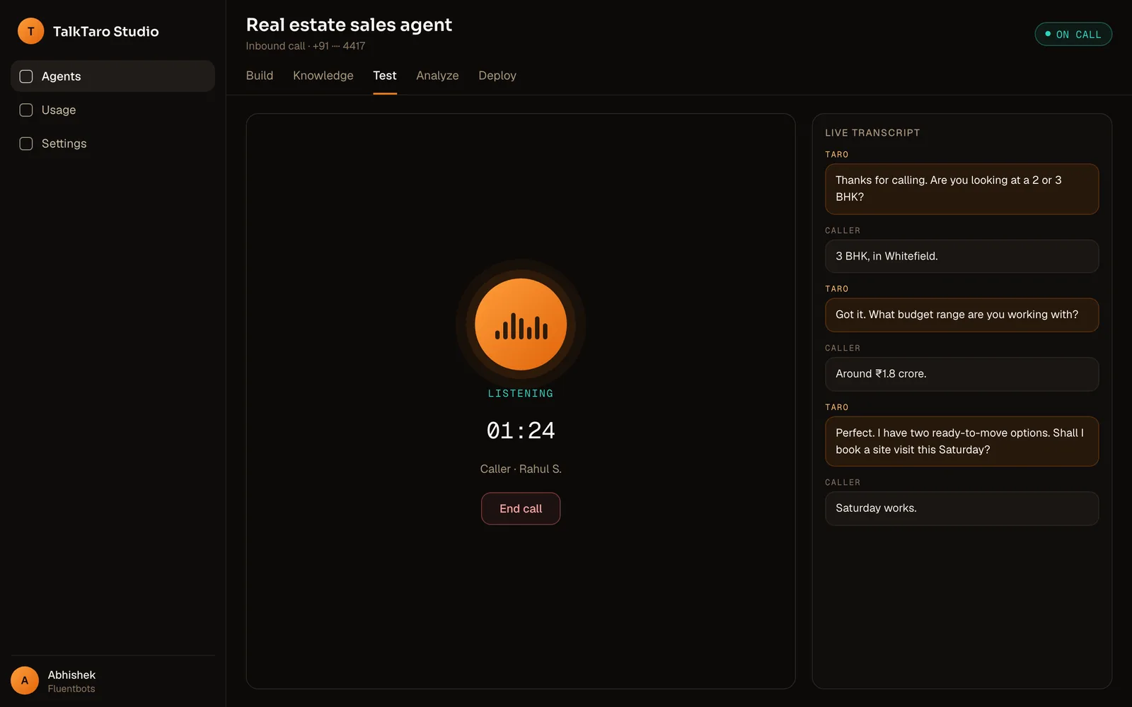TalkTaro AI voice agent handling a customer call