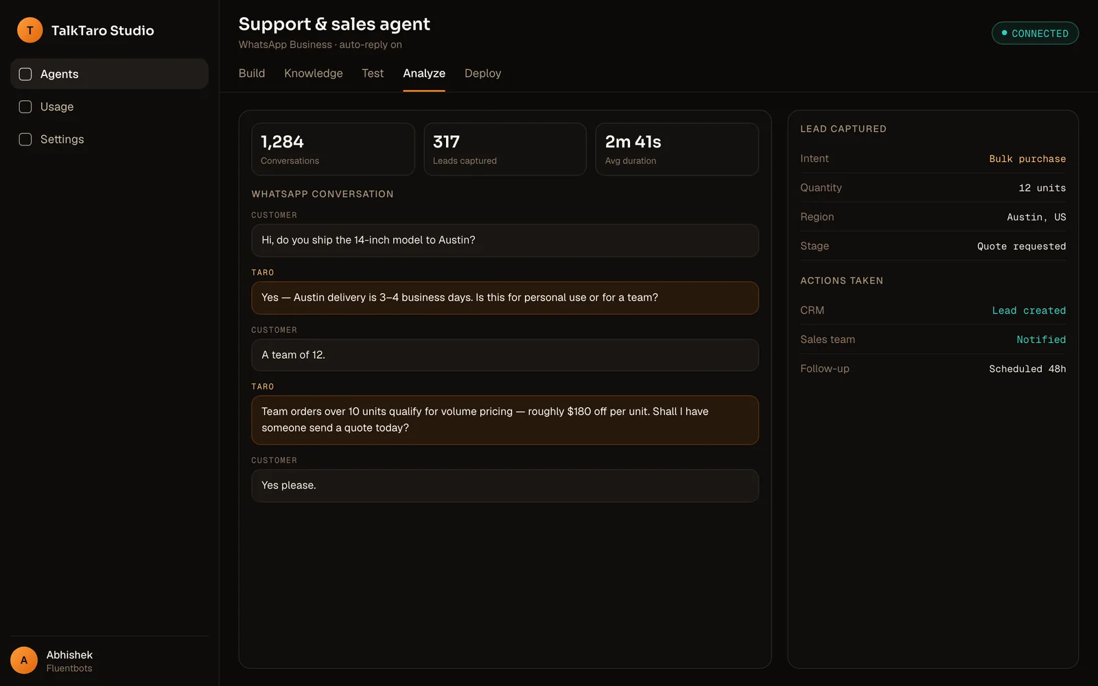 TalkTaro WhatsApp AI agent qualifying a customer lead